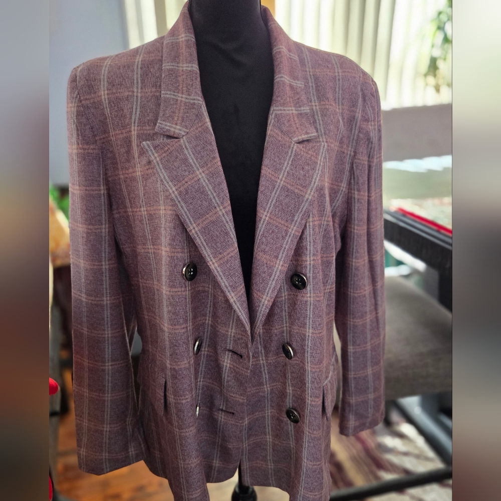 New York & Company Mauve Plaid Double-Breasted Blazer